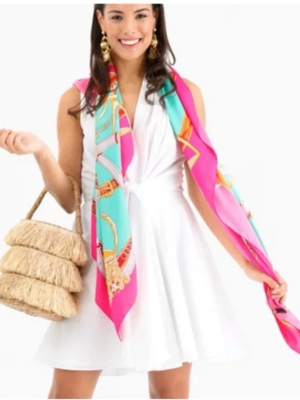Tuckernuck Pink & Turquoise Silk Scarf with Gold Chain Motif
